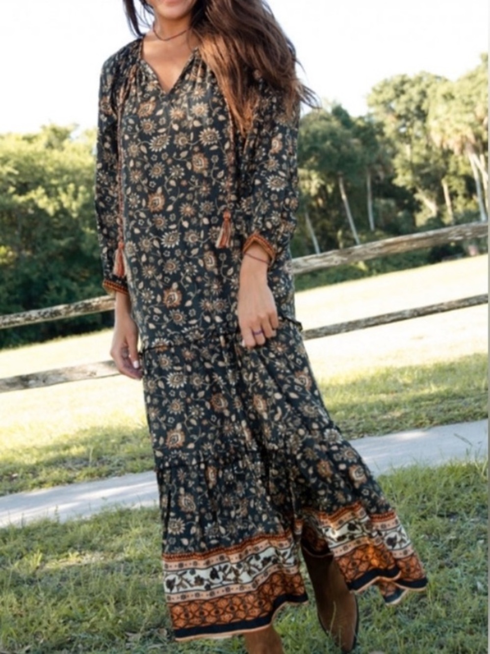 Natural Life Lula Floral Maxi Dress Long Sleeve Green Floral Medium - Picture 8 of 8